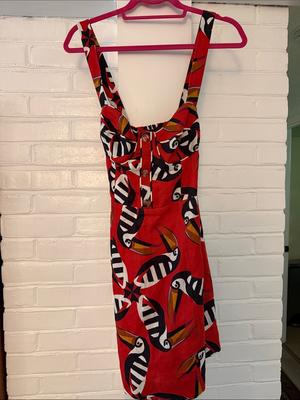 FARM Rio Red Toucan Mini Dress with Black & White Accents
